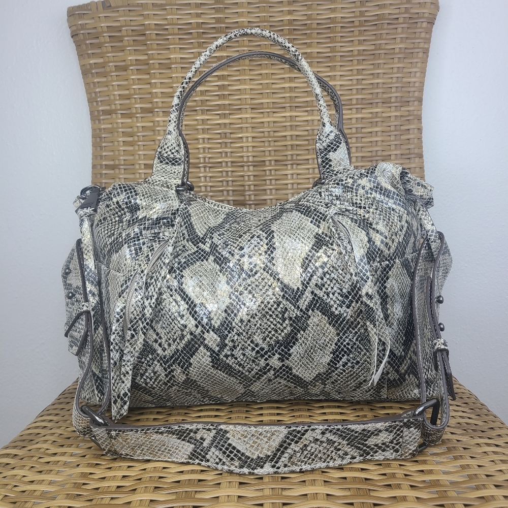 Aimee Kestenberg Jaylin Bag Satchel Snakeskin Embossed Leather Metallic Black